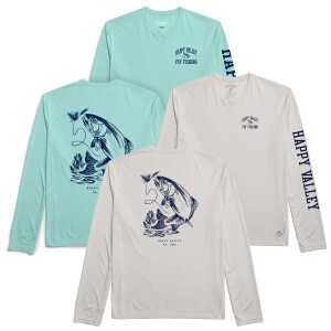 light blue and gray long sleeve performance t-shirts with Happy Valley Fly Fishing on left chest, Happy Valley down left sleeve, and trout with fly and line graphic on back